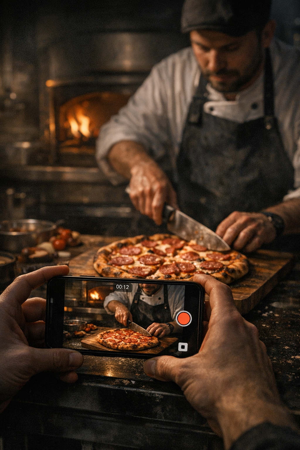 Behind the scenes — filming a chef preparing pizza in a wood-fired oven
